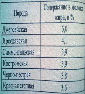 Жирність молока у корів різних порід